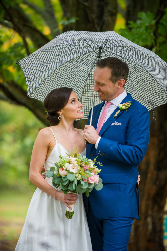 bride and groom with umbrella