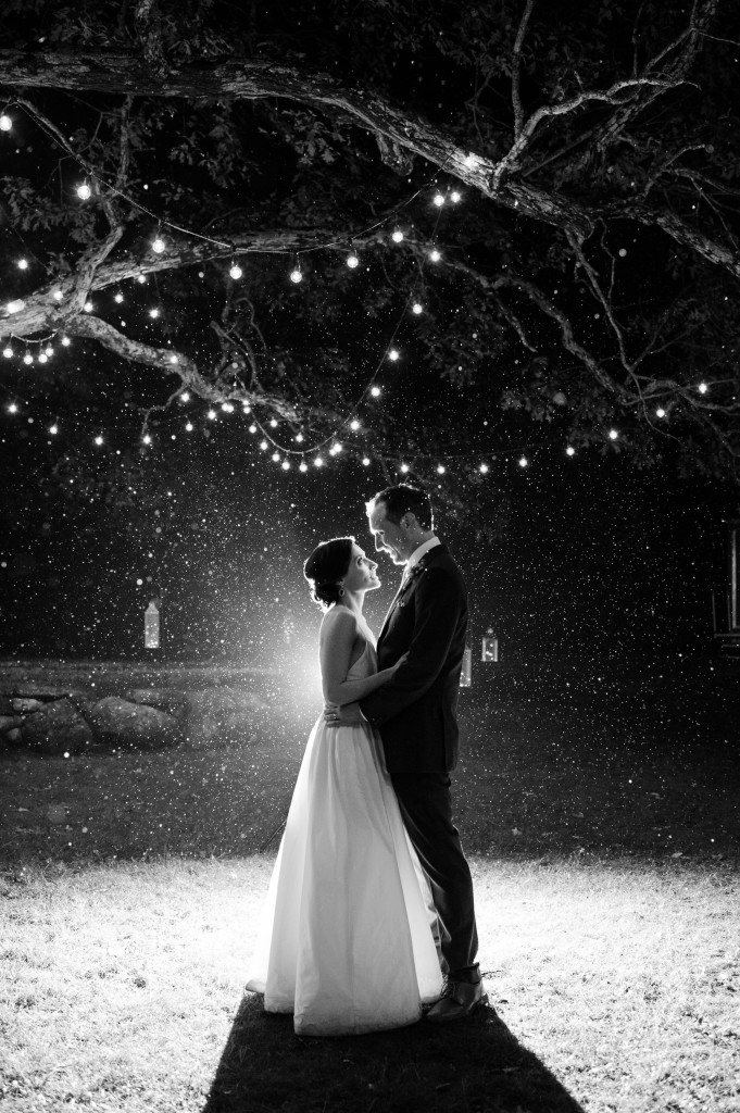 romantic bride and groom in rain