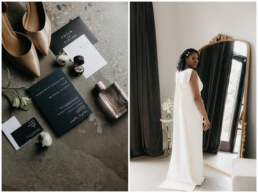 Invitations and a bride standing in front of a mirror at The Distillery.